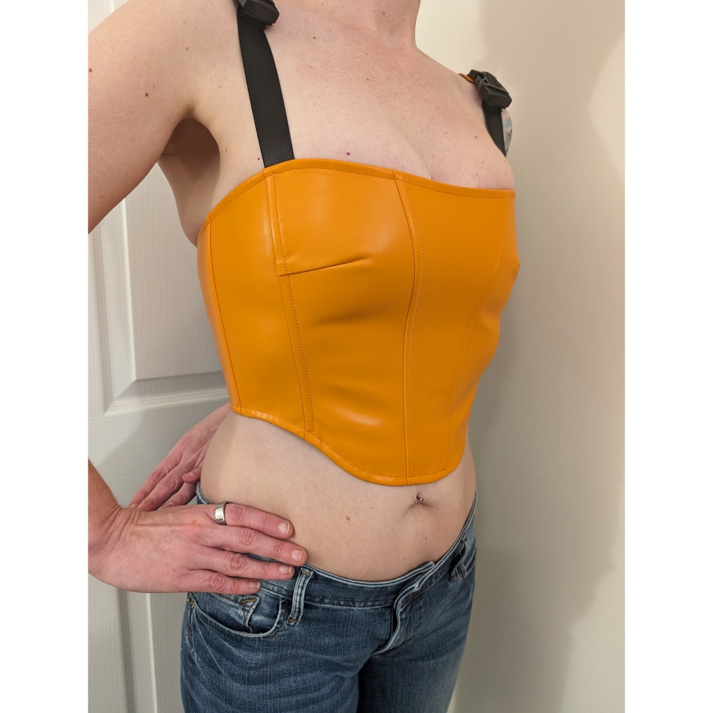 NWT DOLLS KILL Faux leather Bustier top Zipper Orange Black Sz M Club Exx
